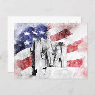 Carte Postale Aquarelle Lincoln Memorial avec drapeau américain