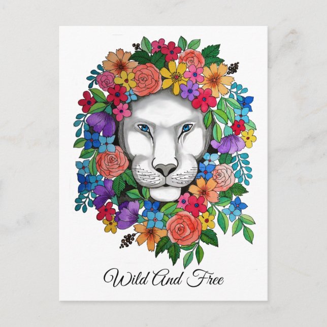 Carte Postale Aquarelle Lion Et Fleurs Arc En Ciel (Devant)
