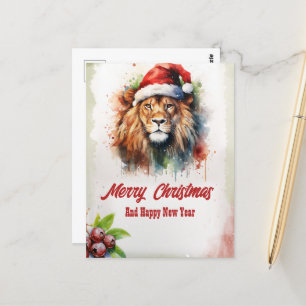 Carte Postale Aquarelle Lion Noël