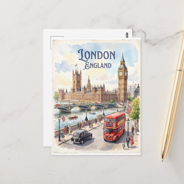 Carte Postale aquarelle Londres Angleterre  (Devant/Arrière en situation)