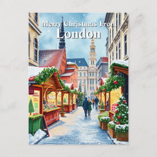 Carte Postale Aquarelle Londres Royaume-Uni Marché de Noël Voyag