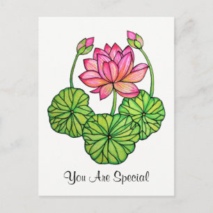 Carte Postale Aquarelle Lotus rose avec Bureaux et Feuilles