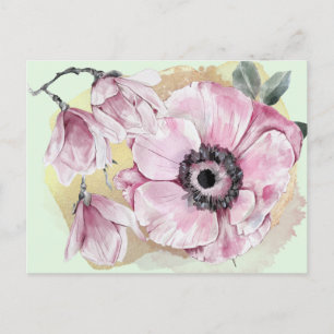 Carte Postale Aquarelle Magnolia rose Personnalisée