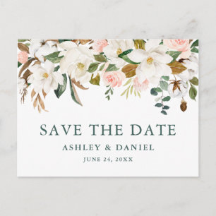 Carte Postale Aquarelle Magnolias Roses Enregistrer La Date Vert