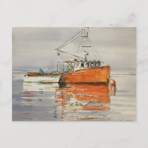 Carte Postale Aquarelle Maine Bateau de pêche Océan Orange Seren