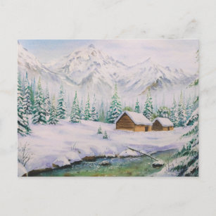 Carte Postale Aquarelle Maisons en bois et Pin Tree en neige