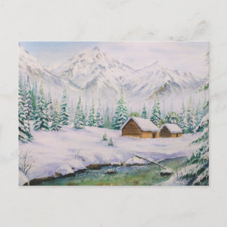 Carte Postale Aquarelle Maisons en bois et Pin Tree en neige