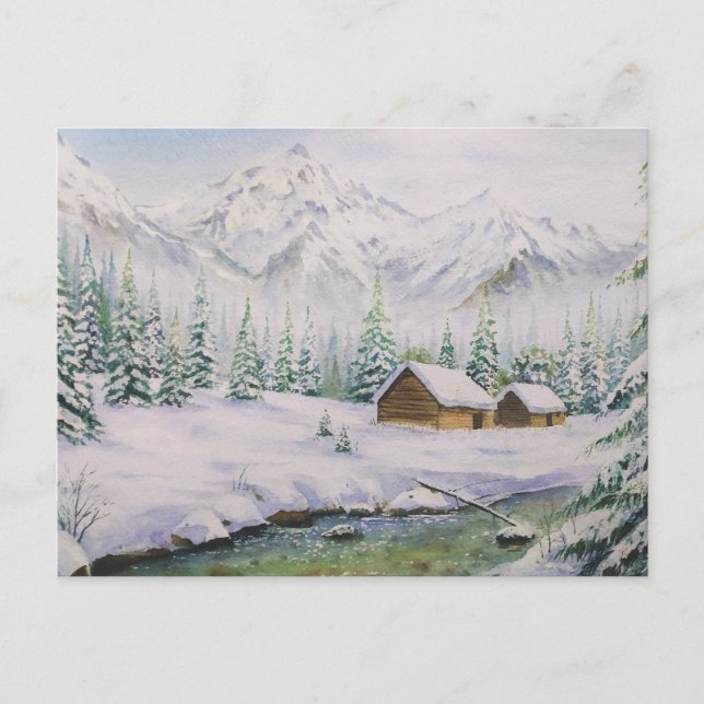 Carte Postale Aquarelle Maisons en bois et Pin Tree en neige (Devant)
