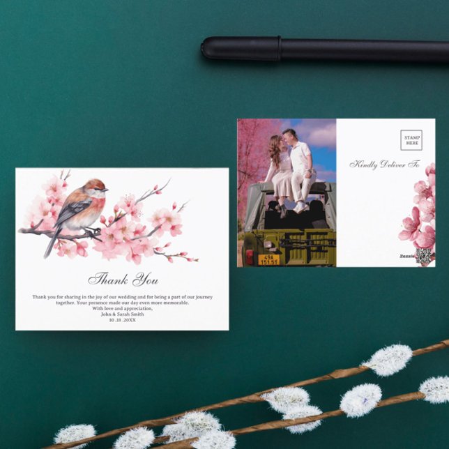 Carte Postale Aquarelle Mariage Fleur de Cerisier Rose Remerciem (Créateur téléchargé)