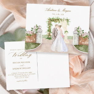 Carte Postale Aquarelle mariage jardin arche couple art