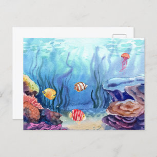 Carte Postale Aquarelle Marine Océan Vivant Corail et poisson