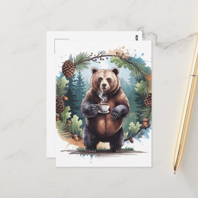 Carte Postale Aquarelle Mélange Ours Brown Avec Café (Devant/Arrière en situation)