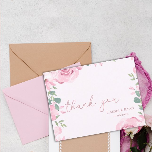 Carte Postale Aquarelle Merci de Mariage rose pâle (Watercolor Blush Pink Floral Wedding Thank you Postcard)