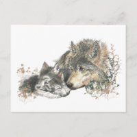 Aquarelle Mère Wolf & Cubs Animal Art