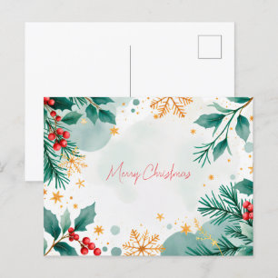 Carte Postale Aquarelle Merry Christmas Card Feuilles & Berries