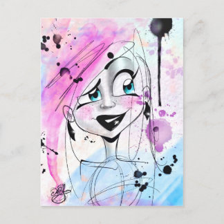 Carte Postale Aquarelle Messy Sketch Girl