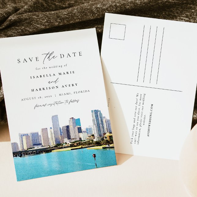 Carte Postale Aquarelle Miami Floride Skyline Save the Date (Créateur téléchargé)