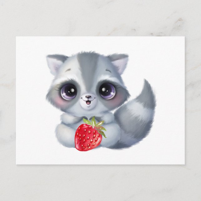 Carte Postale Aquarelle mignonne Bébé Raccoon aux fruits de frai (Devant)