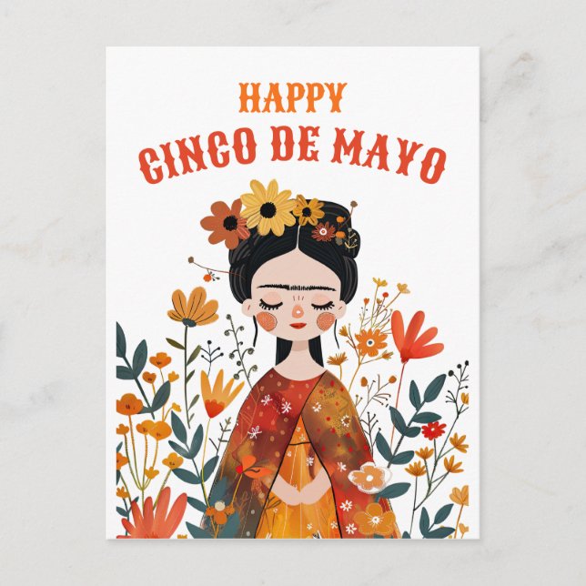Carte Postale Aquarelle mignonne Frida Kahlo Happy Cinco de Mayo (Devant)