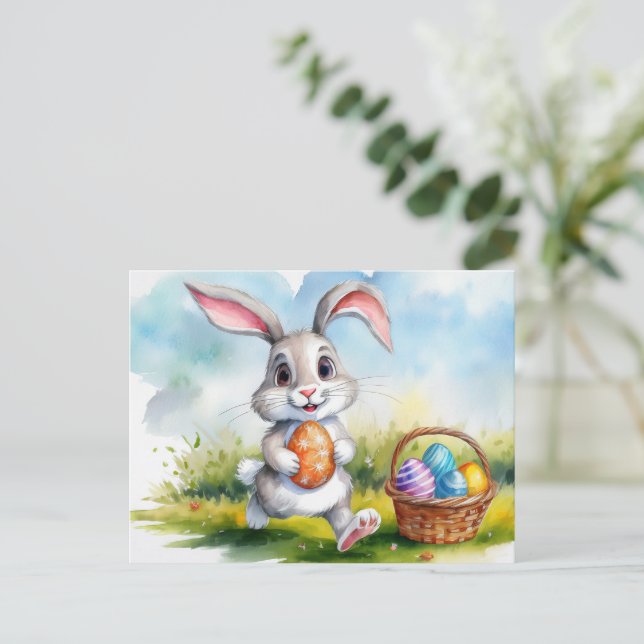 Carte Postale Aquarelle mignonne Lapin de Pâques (Debout devant)