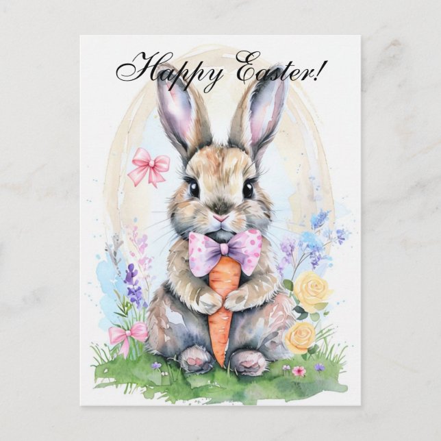 Carte Postale Aquarelle mignonne Lapin Lapin Lièvre Pâques Flora (Devant)
