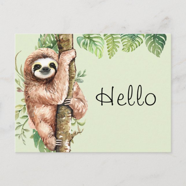 Carte Postale Aquarelle mignonne Sloth & Feuilles tropicaux Hell (Devant)