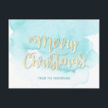 Carte Postale Aquarelle moderne Gold & Blue Christmas Beach<br><div class="desc">Belle aquarelle (plage) scène Noël Carte postale famille de vacances.   Bleu pastel clair,  turquoise avec MERRY CHRISTMAS en faux or parties scintillant.  Ajoutez vos souhaits de salutation de saison dans le dos. Parfait pour les vacances passées à destination sud.</div>