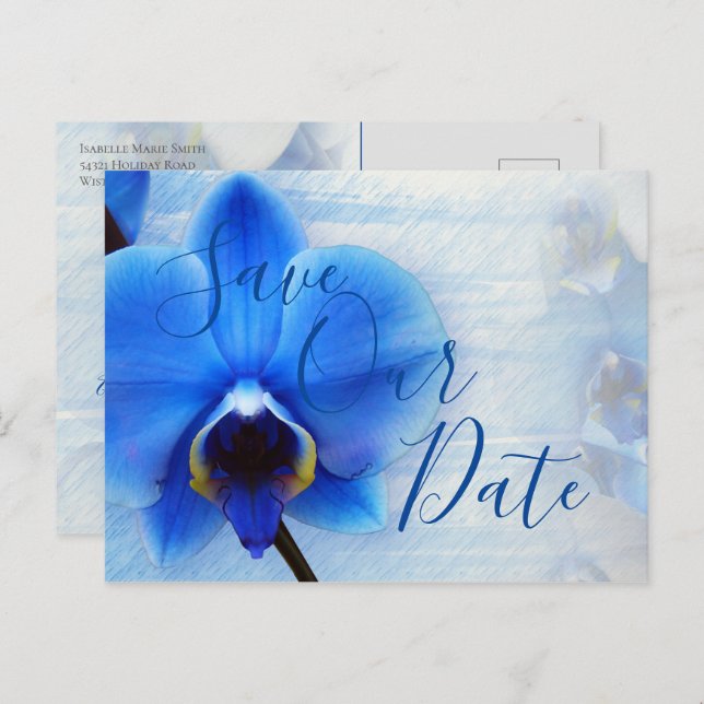 Carte Postale Aquarelle moderne Mariage Floral Orchidée Bleue (Devant / Derrière)