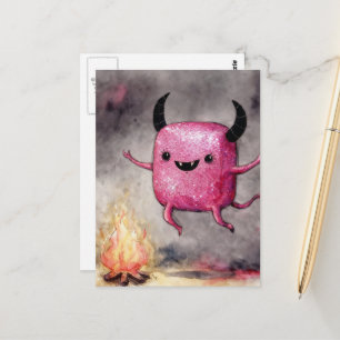 Carte Postale Aquarelle Monstre Rose Brillante Mignon et un Feu