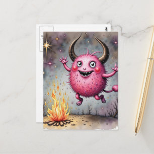 Carte Postale Aquarelle Monstre Rose Mignon et un Feu de Camp