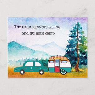 Carte Postale Aquarelle Montagnes Voiture et Camping changement 
