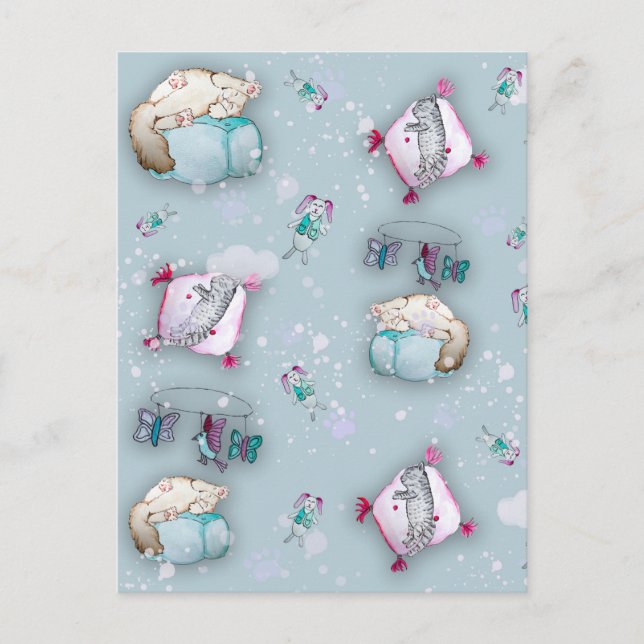 Carte Postale Aquarelle motif chatons couchage mignons et leurs (Devant)