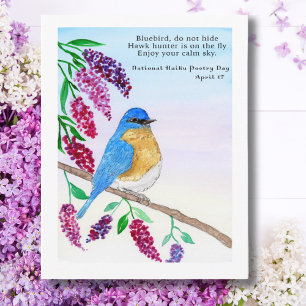 Carte Postale Aquarelle Nationale Haiku Oiseau Bleu Dans L'Arbre