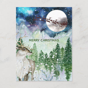 Carte Postale Aquarelle Nature Noël Père Noël Reindeer Deer