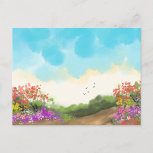 Carte Postale Aquarelle Nature printanière colorée dessinée à la