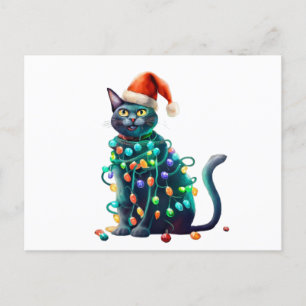 Carte Postale Aquarelle Noël Père Noël Cat Tree Lights