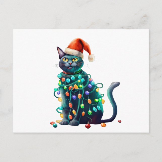 Carte Postale Aquarelle Noël Père Noël Cat Tree Lights (Devant)