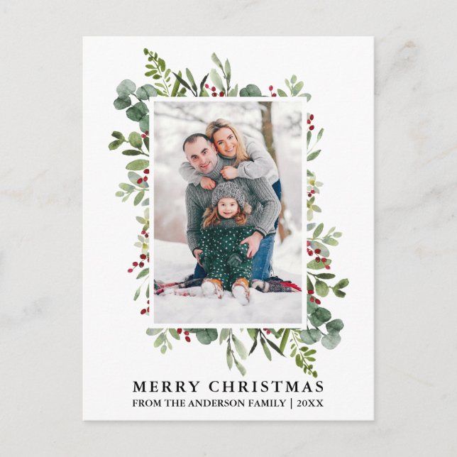 Carte Postale Aquarelle Noël Verdure Baies Photo Christmas (Devant)