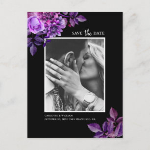 Carte Postale Aquarelle noir et violet floral Enregistrer la dat