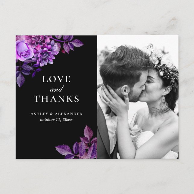 Carte Postale Aquarelle noir & violet mariage floral merci (Devant)