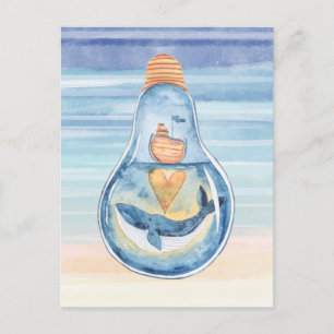 Carte Postale Aquarelle Océan Ampoule Baleine à bosse Navire