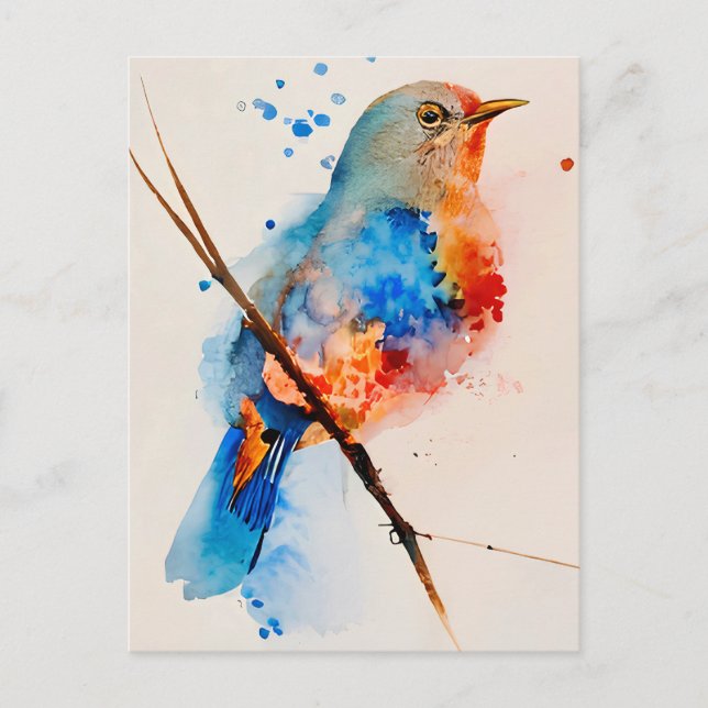 Carte Postale Aquarelle Oiseau Peinture Toile Mur Art Bleu Oisea (Devant)