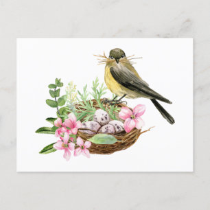Carte Postale Aquarelle Oiseau sur le Nid avec Fleurs Roses
