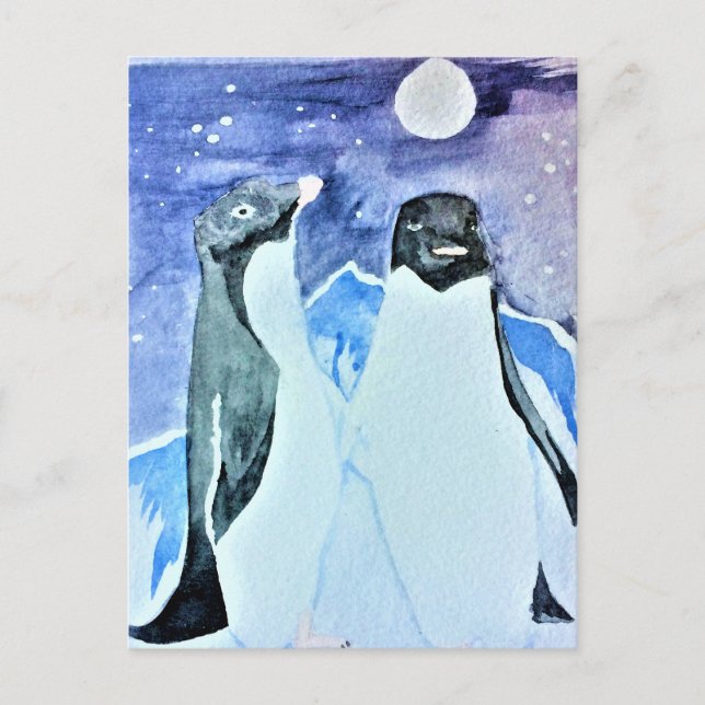 Carte Postale Aquarelle Oiseaux Antarctique mignons Pingouins (Devant)