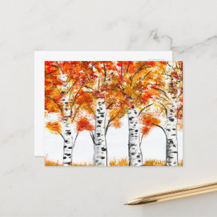 Carte Postale Aquarelle Oiseaux Arbres Automne Orange Feuille