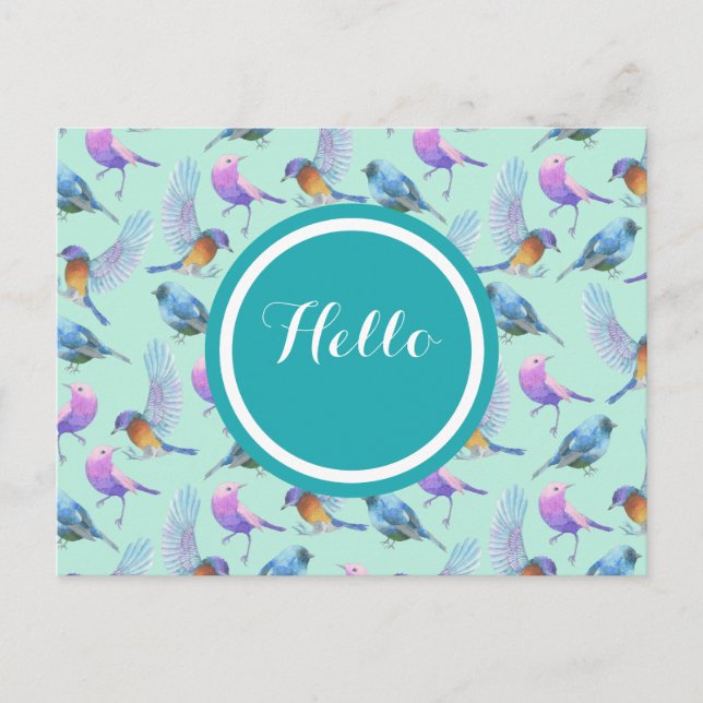 Carte Postale Aquarelle Oiseaux Motif en rose et bleu (Devant)