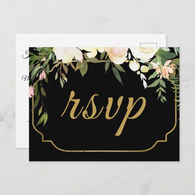 Carte Postale Aquarelle or Faux Floral Black Wedding RSVP (Devant / Derrière)