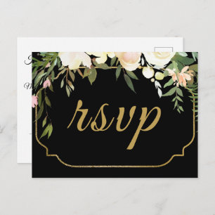 Carte Postale Aquarelle or Faux Floral Black Wedding RSVP