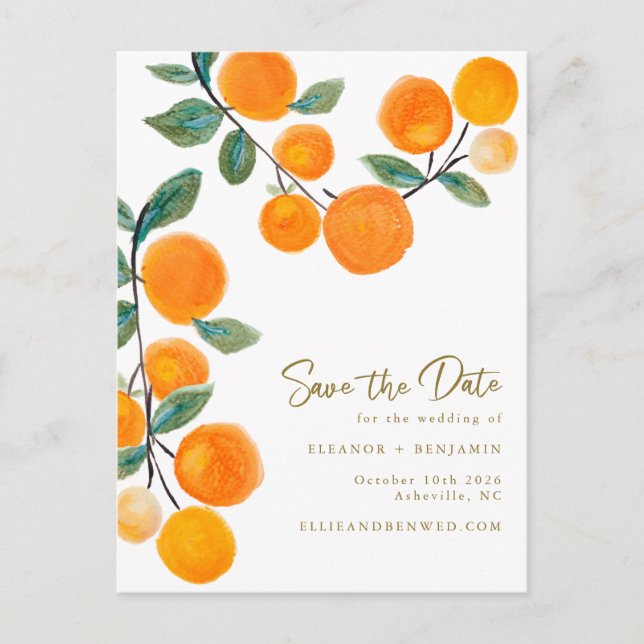 Carte Postale Aquarelle Orange Fruit Script Enregistrer la date (Devant)