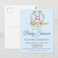 Aquarelle Ours Bleu Floral Boy Baby shower Invitat